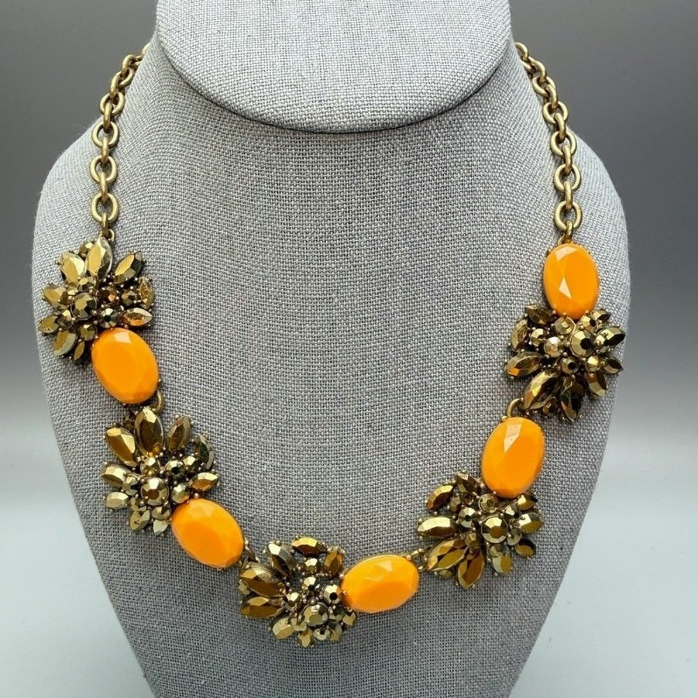 J Crew Chunky‎ Brass Tone Orange Rhinestone Bib Necklace 18" Cable Chain Signed